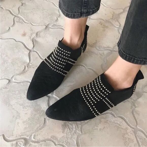 Anine Bing Low Charlie Boots Black Suede Gold Studded Ankle Flat Sz 36 / 6 US - Picture 2 of 15